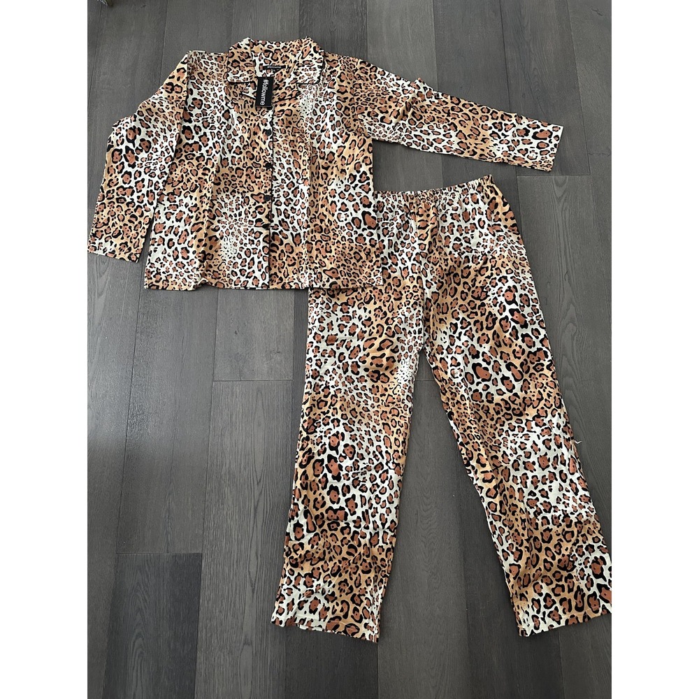 #followme Pajama Set Womens XL Brown Leopard Button Front 2 Piece‎ Cotton Lounge